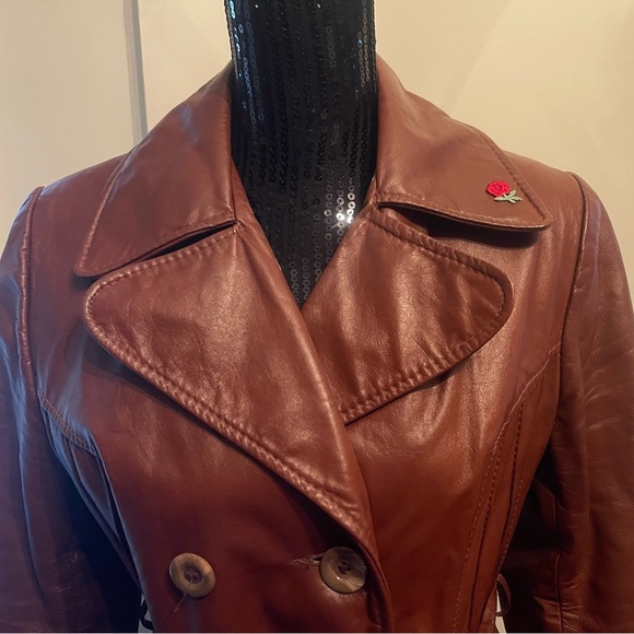 Vintage 1970s Opera Brown Leather Trench Coat Size 10 - Picture 2 of 14